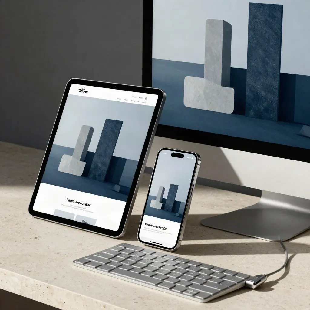 Tablet, telefoon en monitor tonen een website, naast toetsenbord en opgerolde kabel.