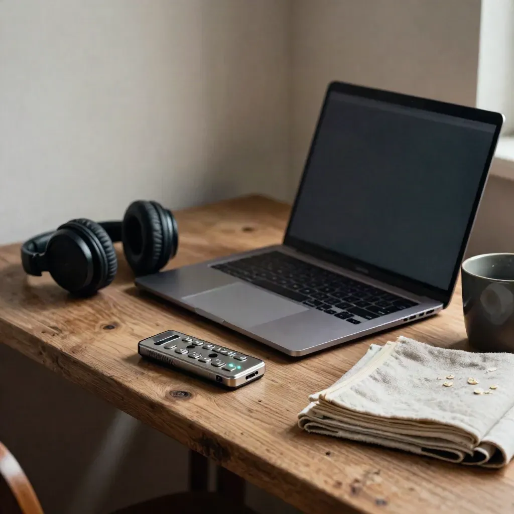 Halfopen laptop, koptelefoon en voice recorder op een warme houten studiohoek.