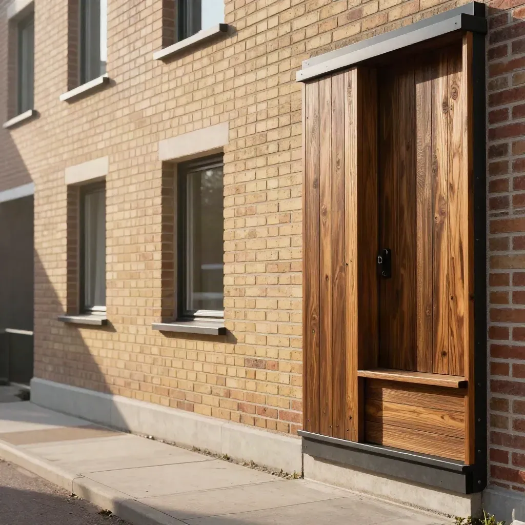 Geveldetail van nieuw woonproject met baksteen, hout en donker metaal in warme avondgloed.