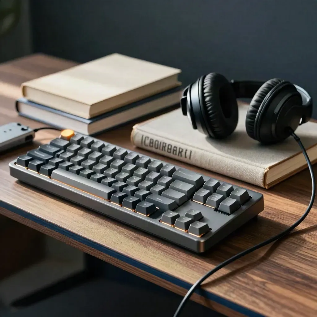 Macro van toetsenbord, voice recorder, gesloten boeken en koptelefoon op een houten plank.