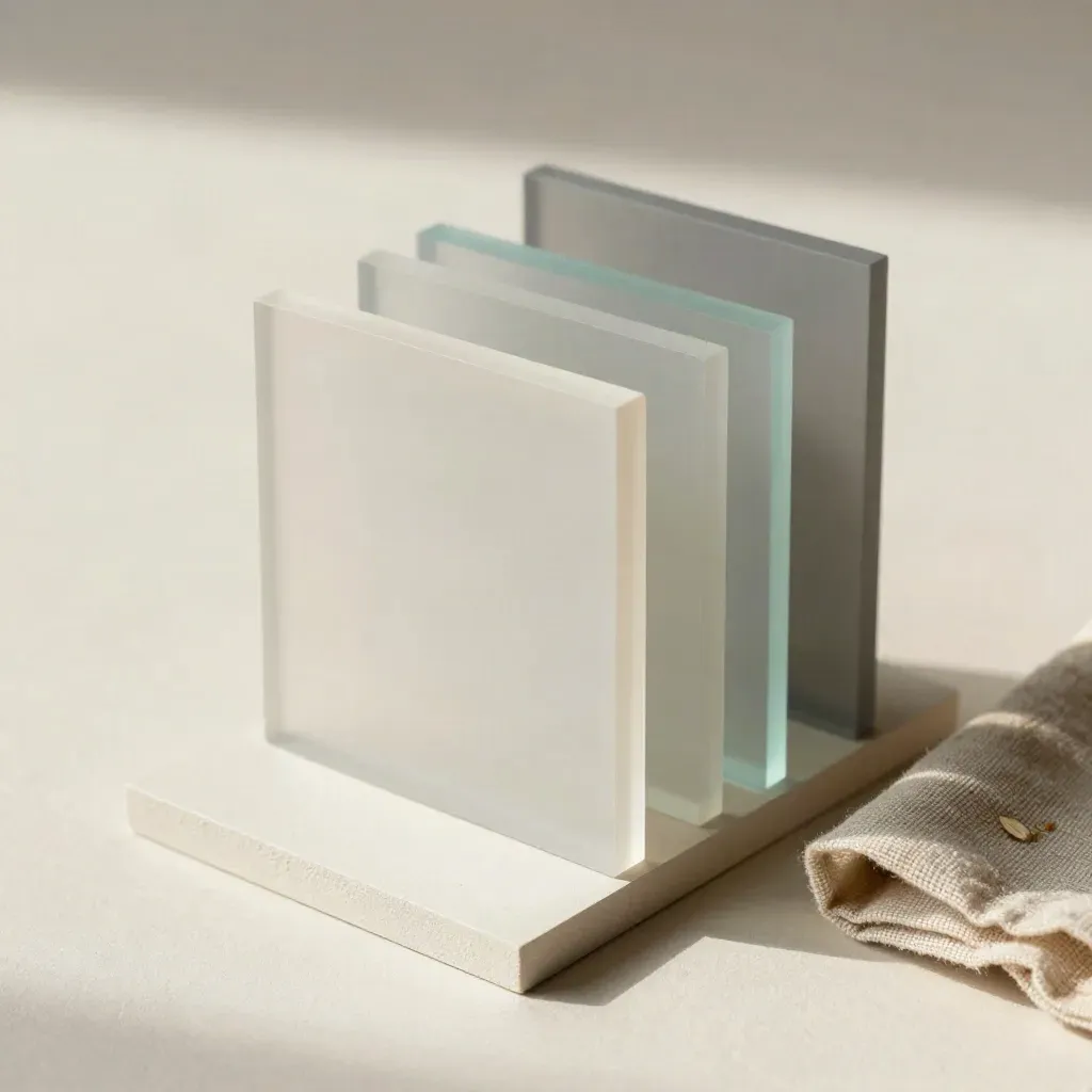 Modulaire tegels, frosted blokken en een stoffen swatch op een zachte plaster sweep.