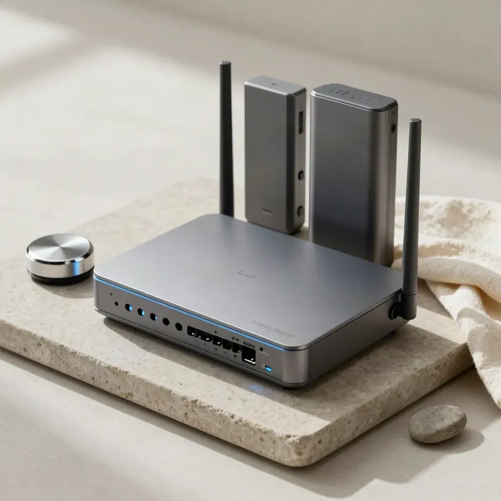 Routers en compacte apparaten op een stenen tray met zacht blauw statuslicht.