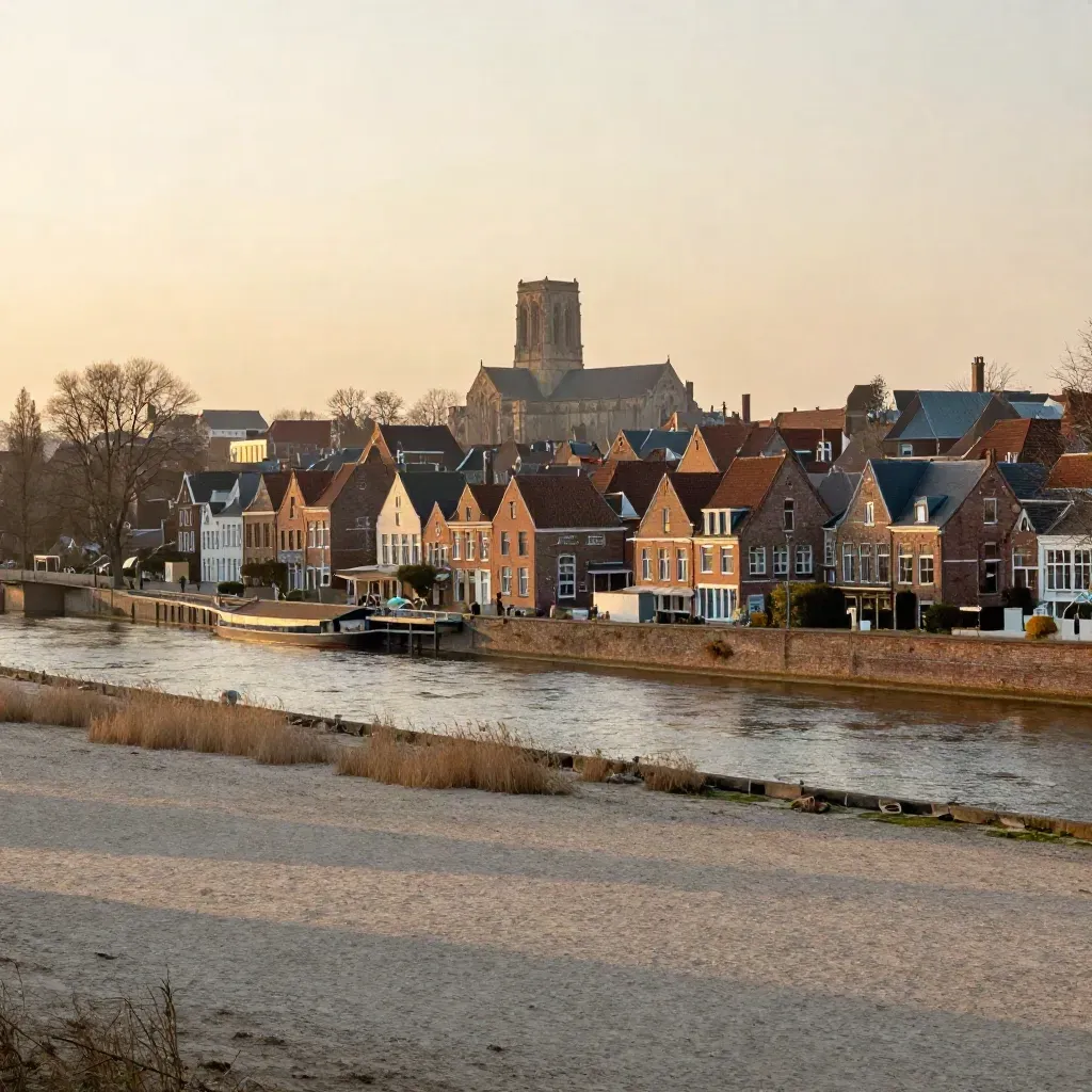 Brabantse skyline van Den Bosch bij zonsondergang boven een rustige rivierdelta.